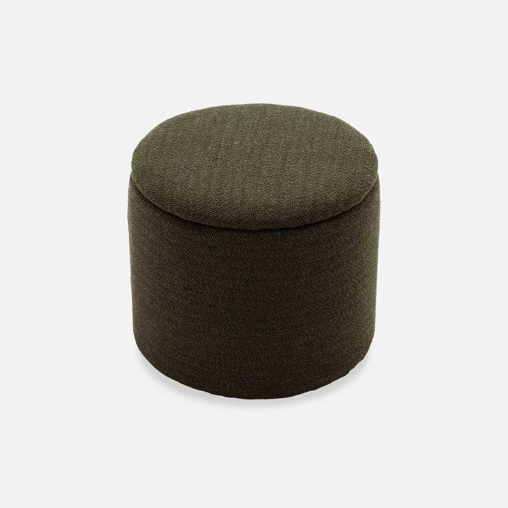 Pouf de rangement rond kaki foncé tissu polyester intérieur