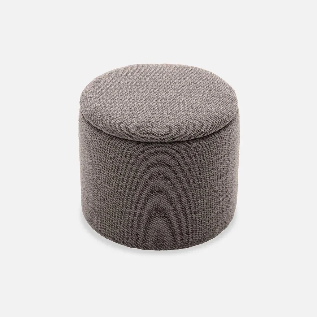 Pouf de rangement rond en tissu kaki foncé avec espace de rangement intérieur