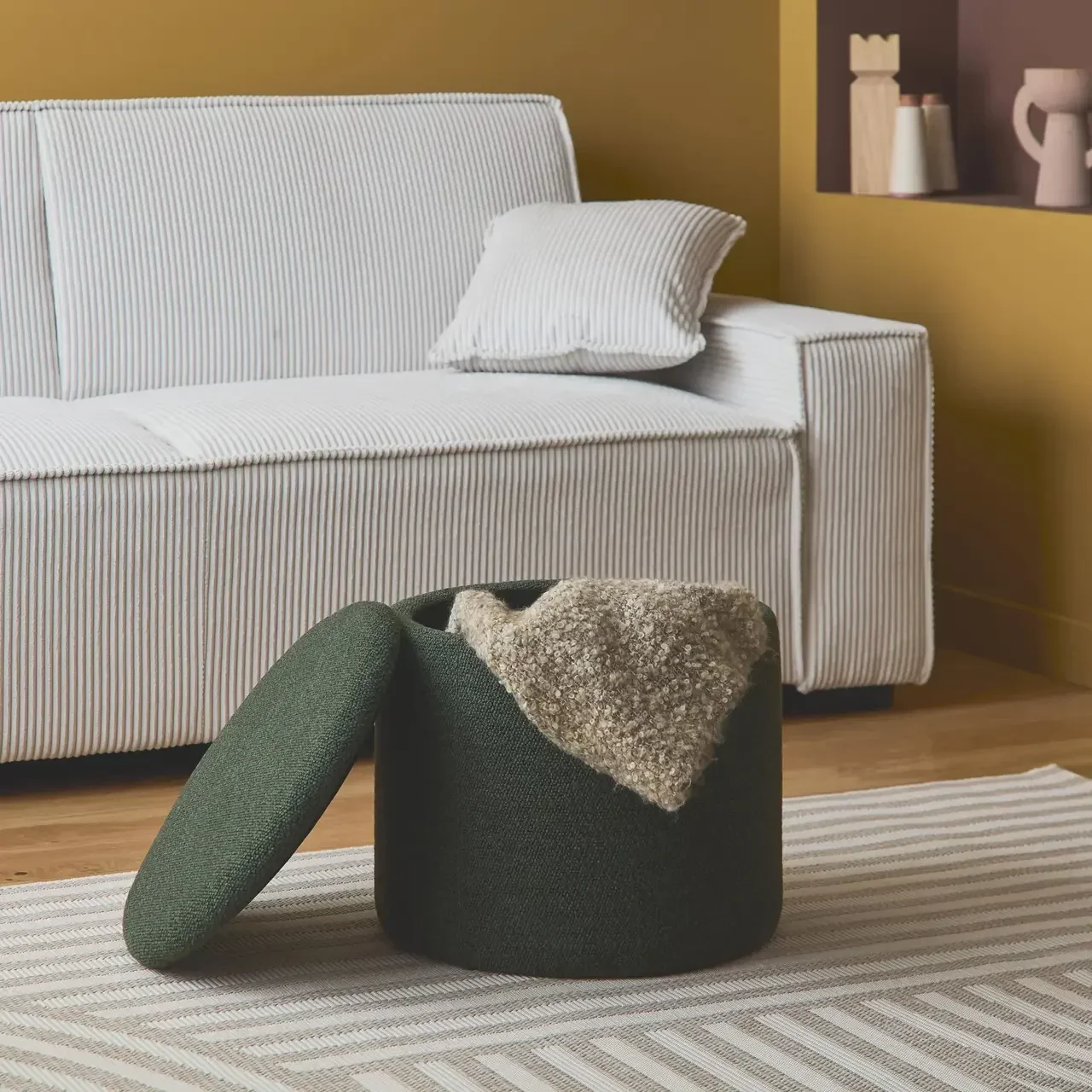 Pouf de rangement rond kaki foncé tissu polyester intérieur