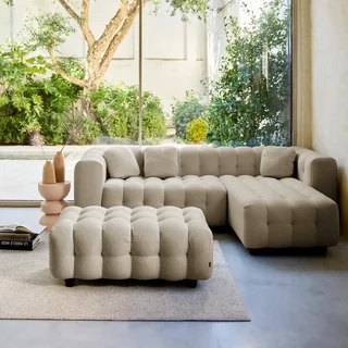 Pouf repose-pieds angle 3 places Leon bouclette texturée beige