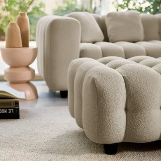 Pouf repose-pieds angle 3 places Leon bouclette texturée beige