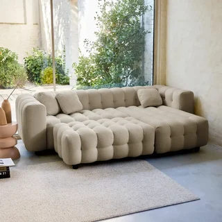 Pouf repose-pieds angle 3 places Leon bouclette texturée beige