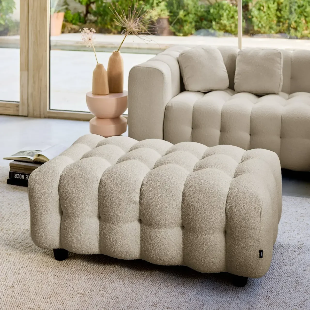 Pouf repose-pieds angle 3 places Leon bouclette texturée beige