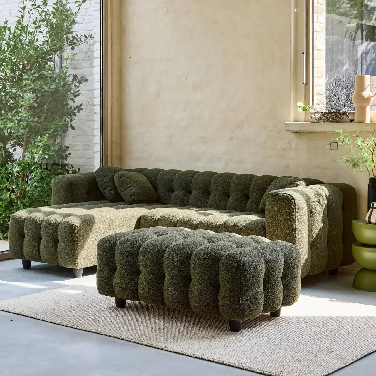 Pouf repose-pieds angle Leon bouclette texturée 3 places