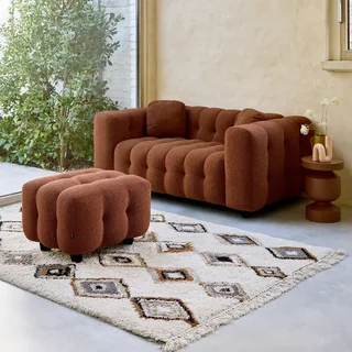 Pouf repose-pieds Leon 2 places bouclette texturée beige salon cosy
