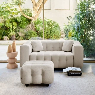 Pouf repose-pieds Leon 2 places bouclette texturée beige cosy salon