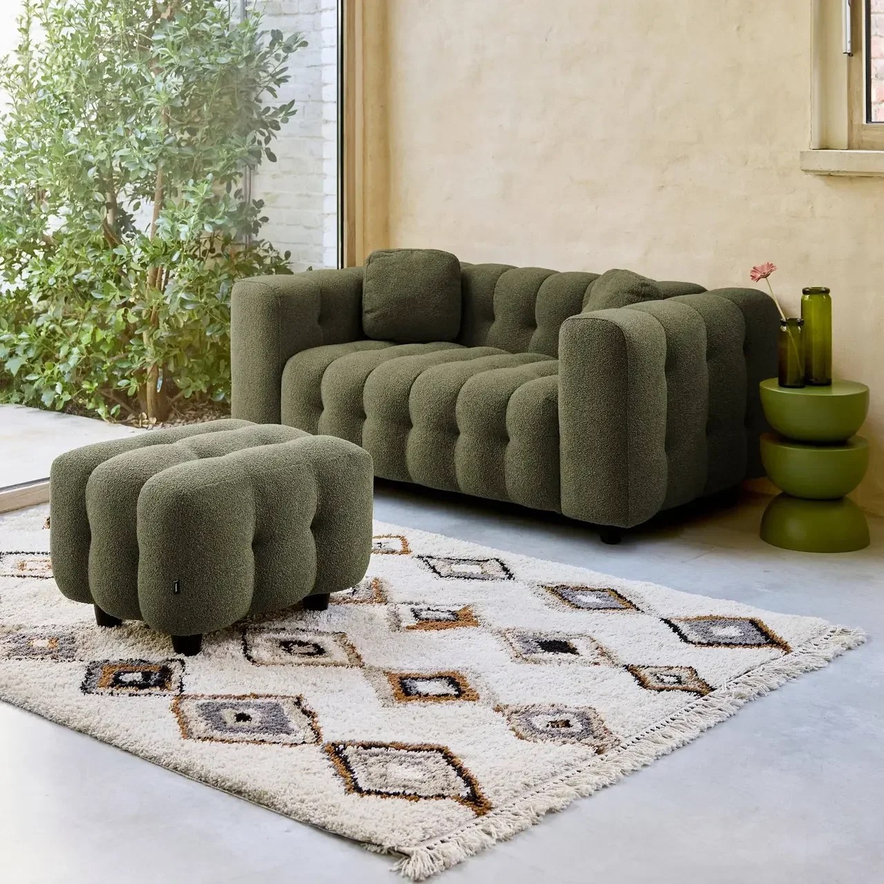 Pouf repose-pieds Leon 2 places bouclette texturée beige