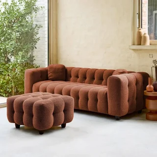 Pouf repose-pieds Leon 3 places bouclette texturée crème
