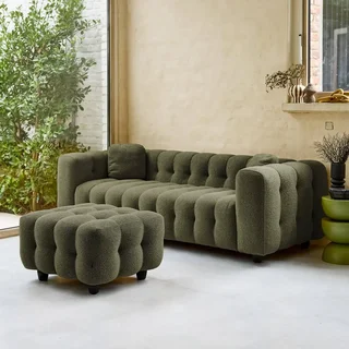 Pouf repose-pieds Leon 3 places bouclette texturée crème