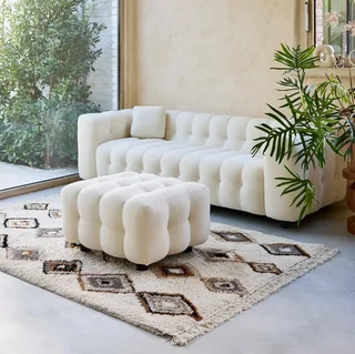 Pouf repose-pieds Leon bouclette crème 3 places salon cosy