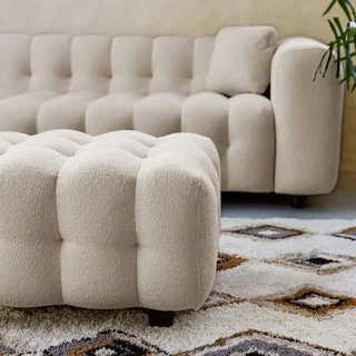 Pouf repose-pieds Leon 3 places bouclette texturée crème confort