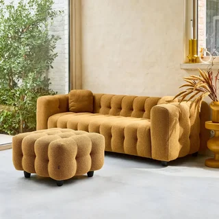 Pouf repose-pieds Leon 3 places bouclette texturée crème
