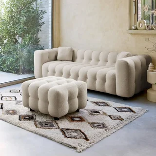 Pouf repose-pieds Leon 3 places bouclette texturée crème confort