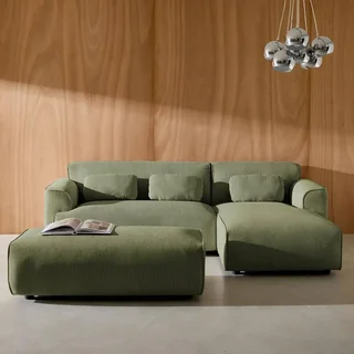 Pouf repose-pieds velours côtelé Wallas grège – Complement canapé d'angle