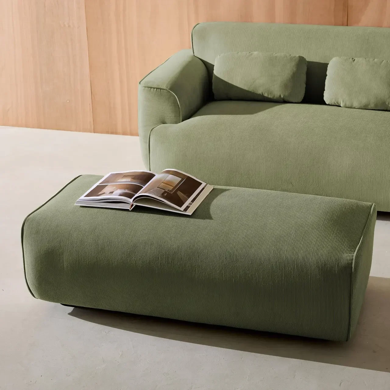 Pouf repose-pieds velours côtelé Wallas grège – Complement canapé d'angle