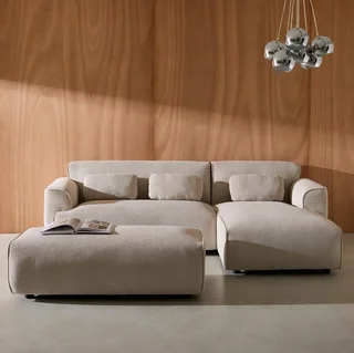 Pouf repose-pieds velours côtelé greige Wallas - Complement canapé d'angle