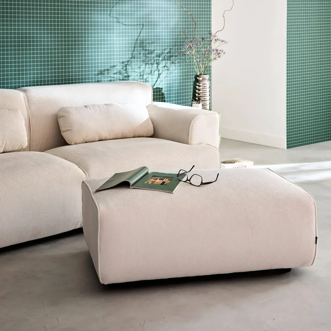 Wallas Corduroy Velvet Footstool Ottoman for 3 Seater Sofa