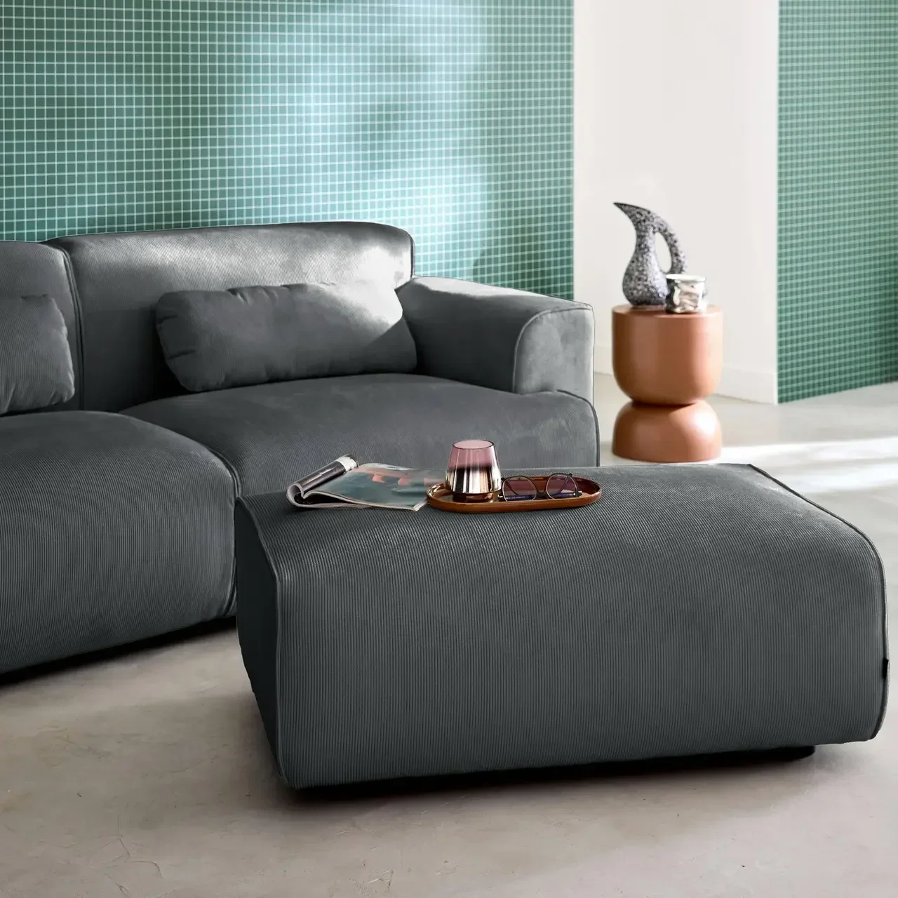 Wallas Corduroy Velvet Footstool Ottoman - 3 Seater Sofa Set