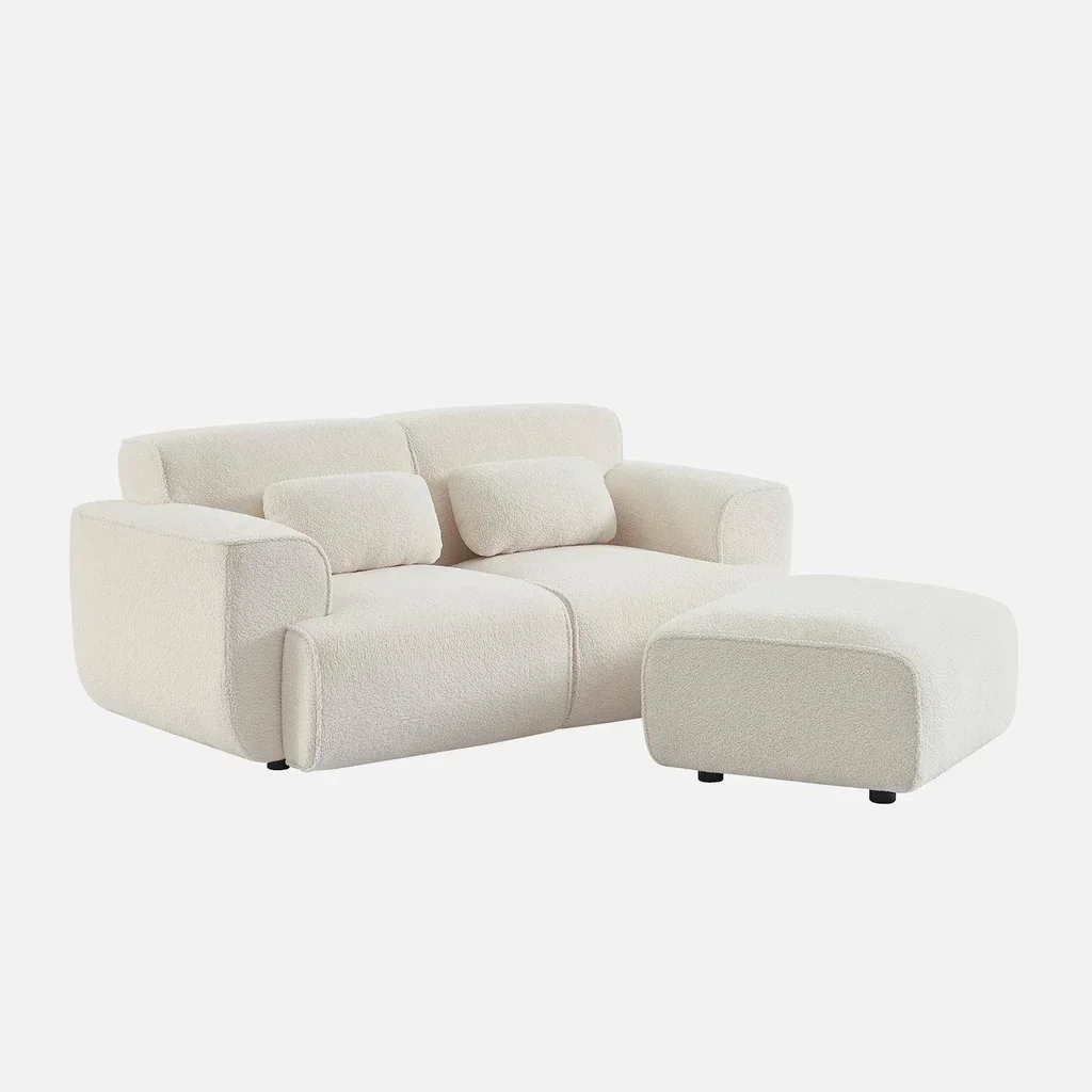 Pouf repose-pieds Wallas 2 places tissu bouclette crème salon cosy