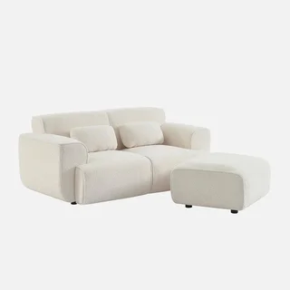 Pouf repose-pieds Wallas 2 places tissu bouclette crème salon cosy