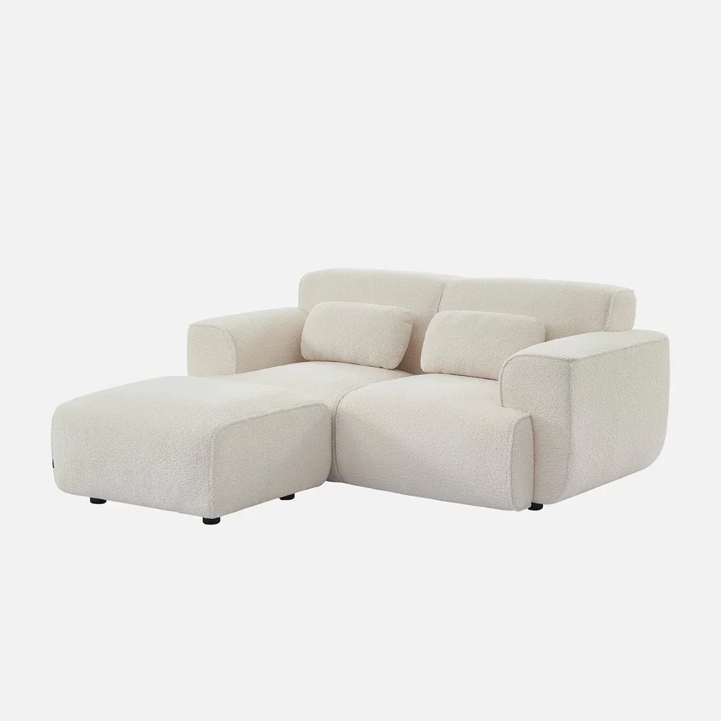 Pouf repose-pieds Wallas 2 places tissu bouclette crème salon cosy