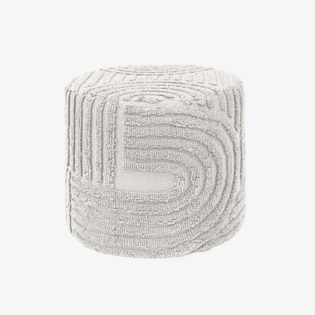 Pouf rond blanc bouclette tufté main Nuba 43 cm