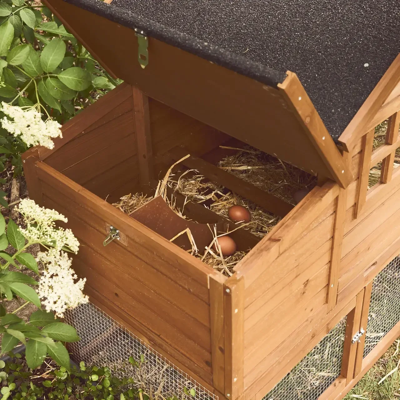 Pollaio in legno di abete con recinto per 4 galline Geline - nido doppio e cassetto escrementi