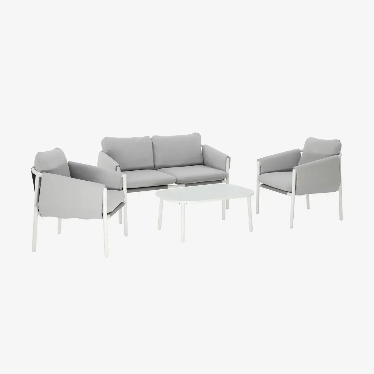 Salon de jardin 4 places acier blanc et gris avec canapé, fauteuils et table