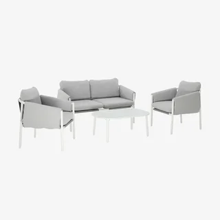 Salon de jardin 4 places acier blanc et gris avec canapé, fauteuils et table