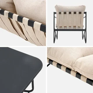 Salon de jardin Alcamo 4 places acier kaki beige avec table basse