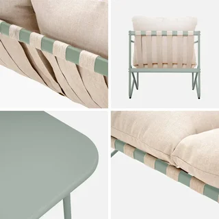 Salon de jardin Alcamo 4 places acier kaki beige avec table basse