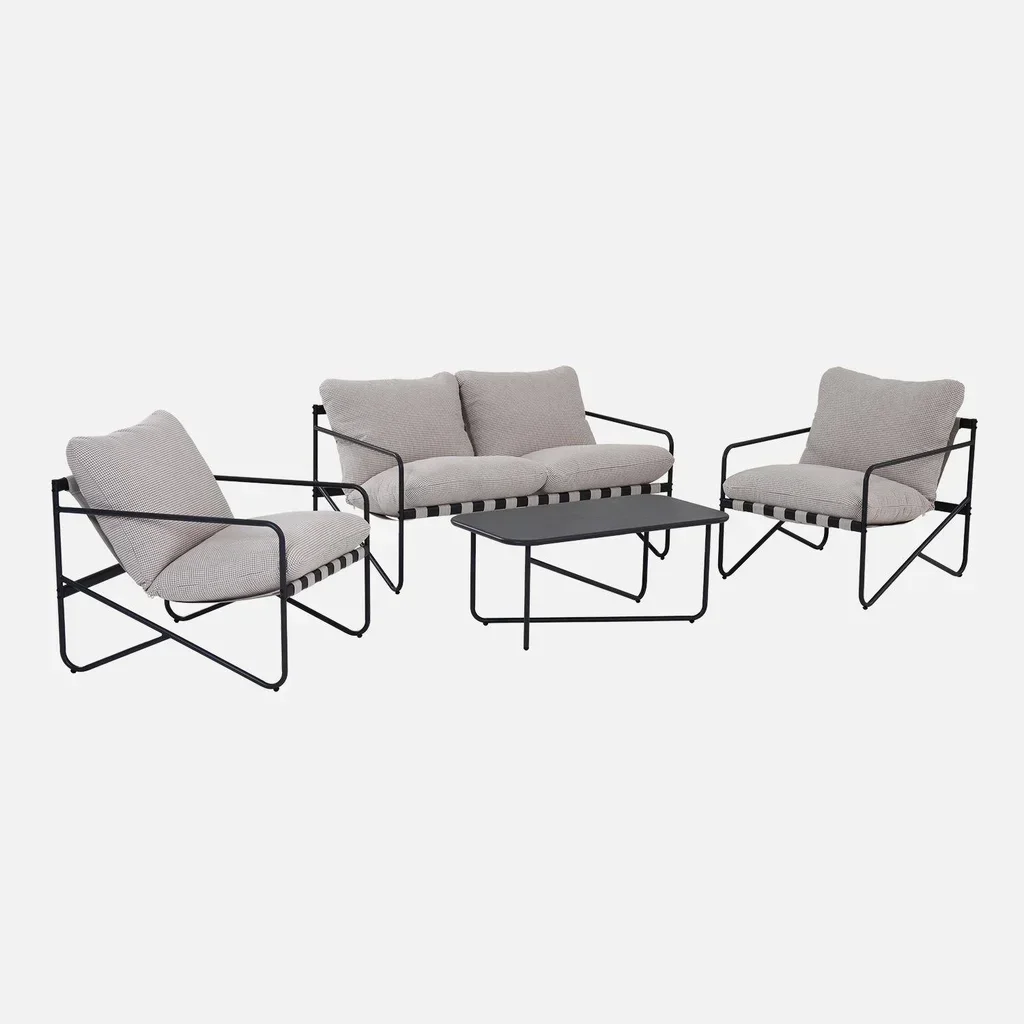 Salon de jardin Alcamo 4 places acier kaki beige avec table basse