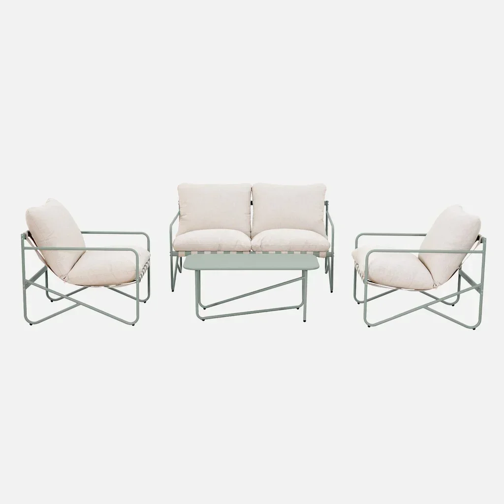 Salon de jardin Alcamo 4 places acier kaki beige avec table basse