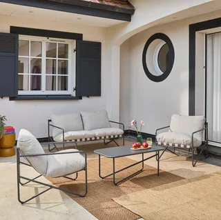 Salon de jardin Alcamo 4 places acier kaki beige avec table basse