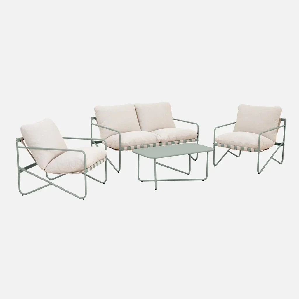 Salon de jardin Alcamo 4 places acier kaki beige avec table basse