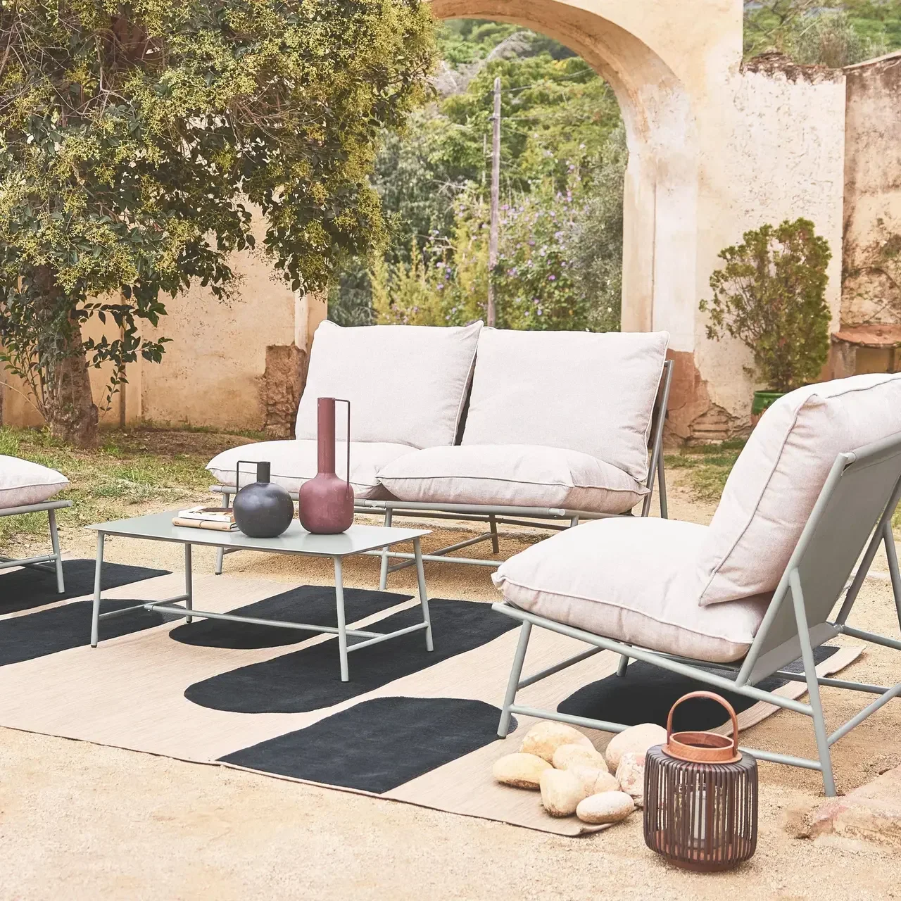 Salon de jardin 4 places acier textilène kaki beige terrasse balcon