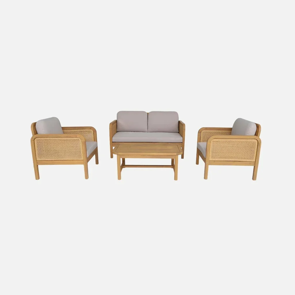Salon de jardin 4 places acacia cannage avec coussins beige