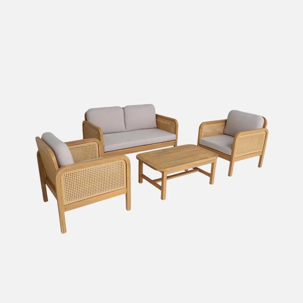 Salon de jardin 4 places acacia cannage avec coussins beige