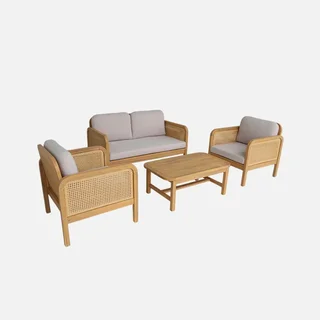 Gartenlounge 4-Sitzer Akazie Geflecht mit beige Kissen