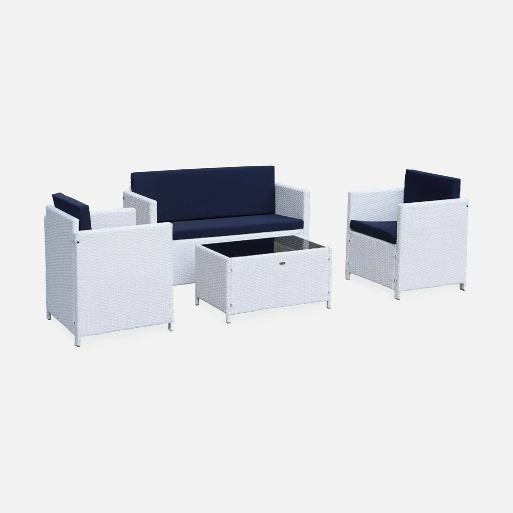 Conjunto jardim 4 lugares vime sintético branco almofadas azuis Perugia