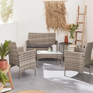 Set giardino 4 posti rattan sintetico Moltès - Divano, 2 poltrone e tavolino vetro