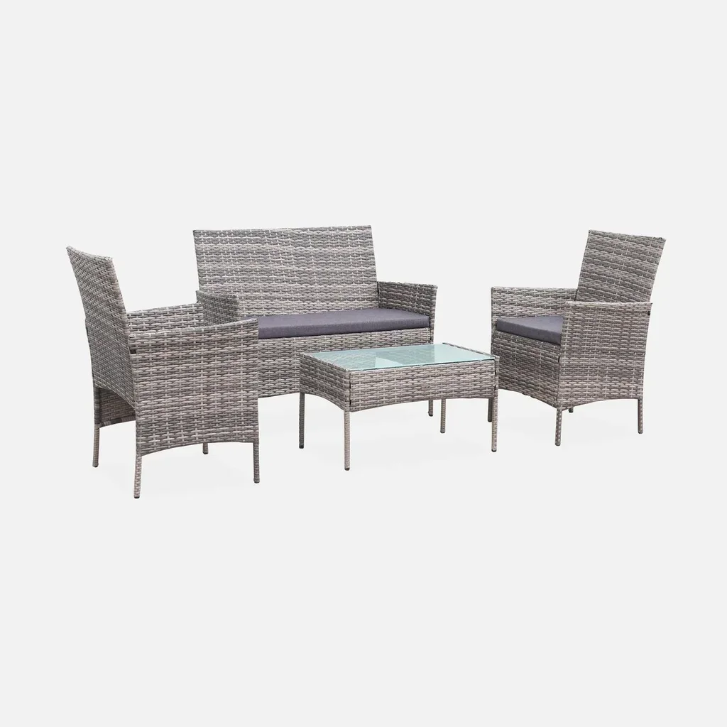 Set giardino 4 posti rattan sintetico Moltès - Divano, 2 poltrone e tavolino vetro