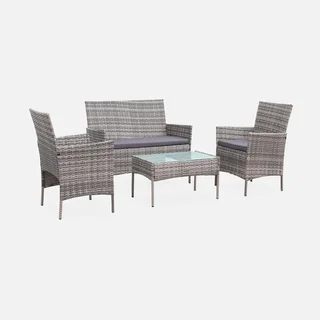 Set giardino 4 posti rattan sintetico Moltès - Divano, 2 poltrone e tavolino vetro