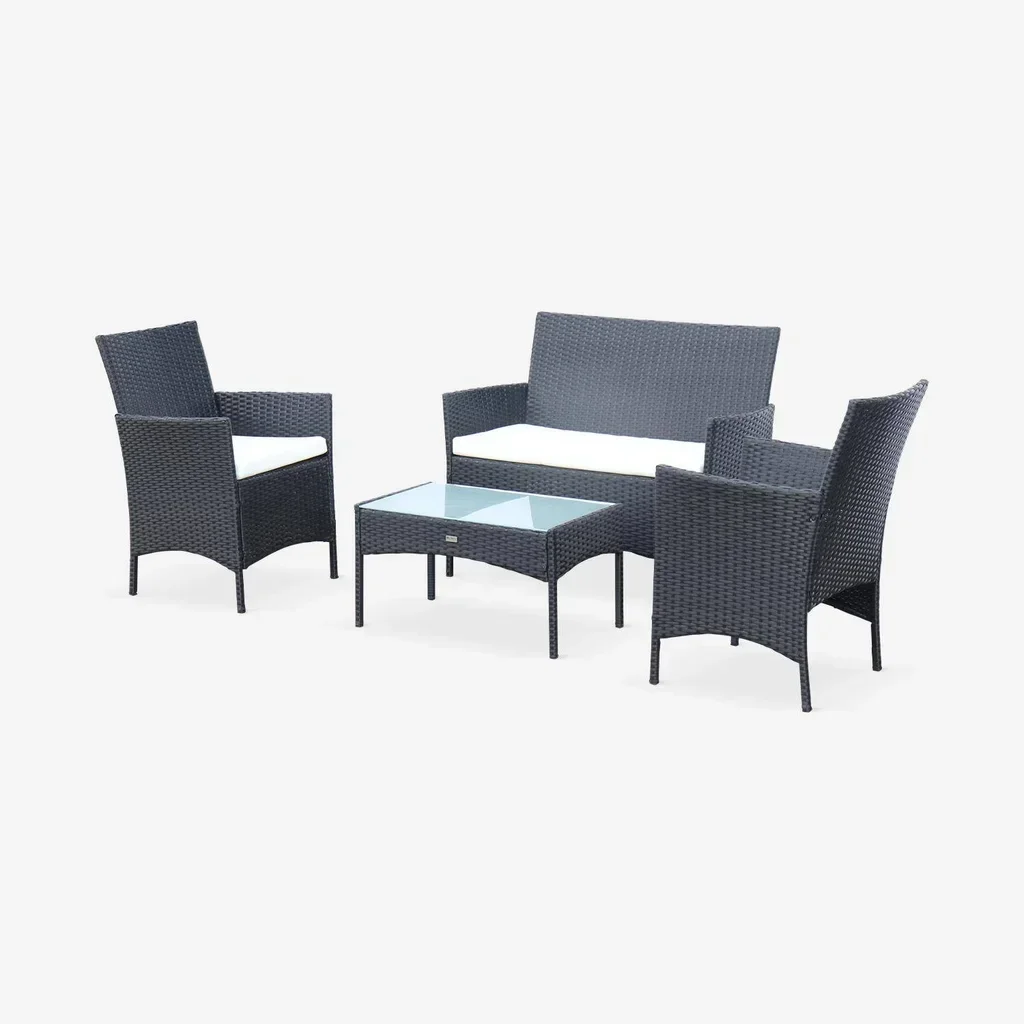 Conjunto jardim 4 lugares vime sintético Moltès com mesa vidro