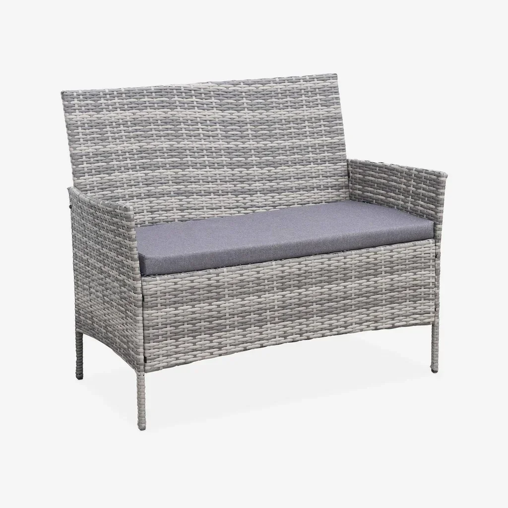 Set giardino 4 posti rattan sintetico Moltès - Divano, 2 poltrone e tavolino vetro