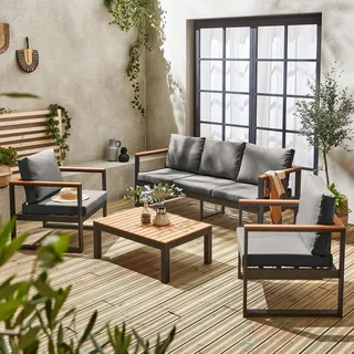 Salon de jardin 5 places eucalyptus FSC aluminium gris anthracite