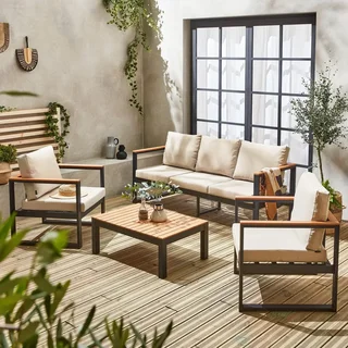 Salon de jardin 5 places eucalyptus FSC aluminium gris anthracite Nazca