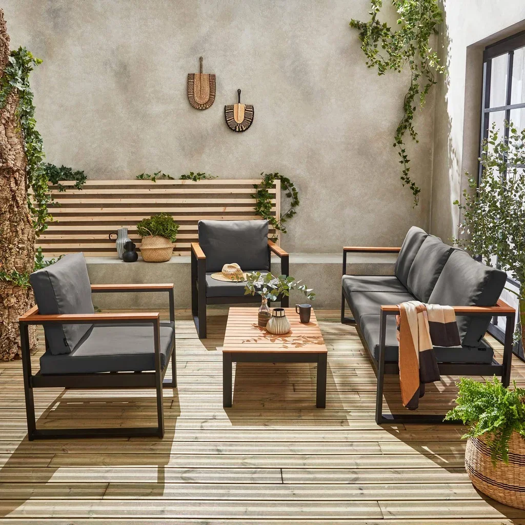 Salon de jardin 5 places eucalyptus FSC aluminium gris anthracite