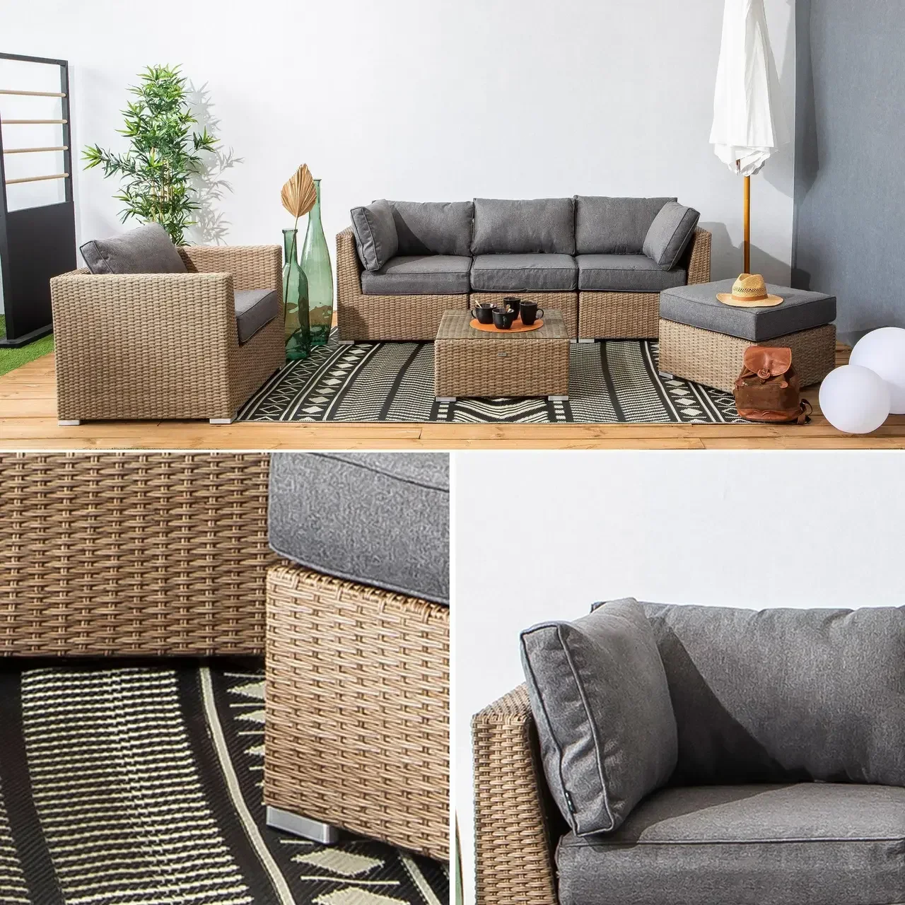 Set giardino 5 posti rattan sintetico rotondo design Vinci cuscini spessi