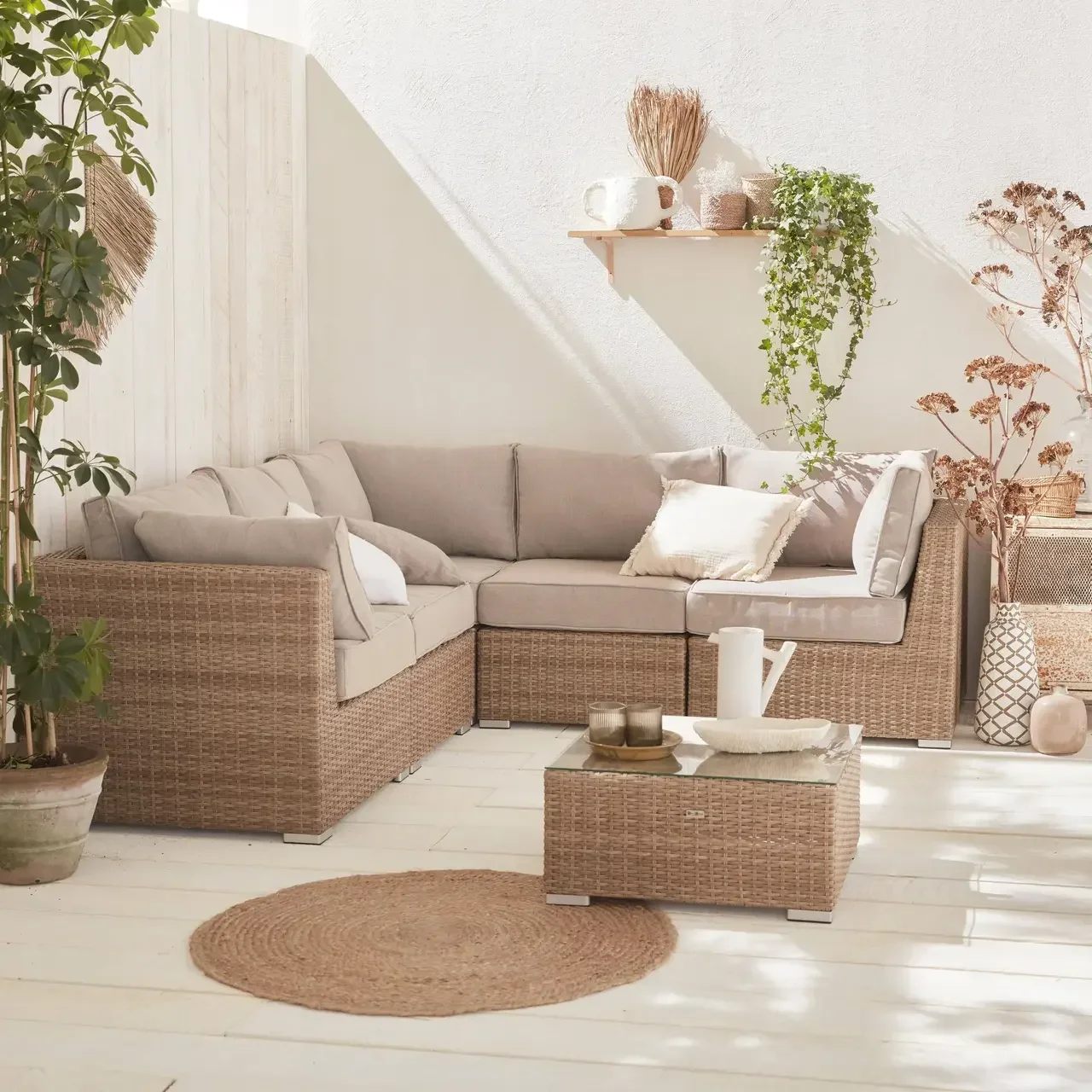 Conjunto jardim Vittoria 5 lugares vime sintético redondo cinzento